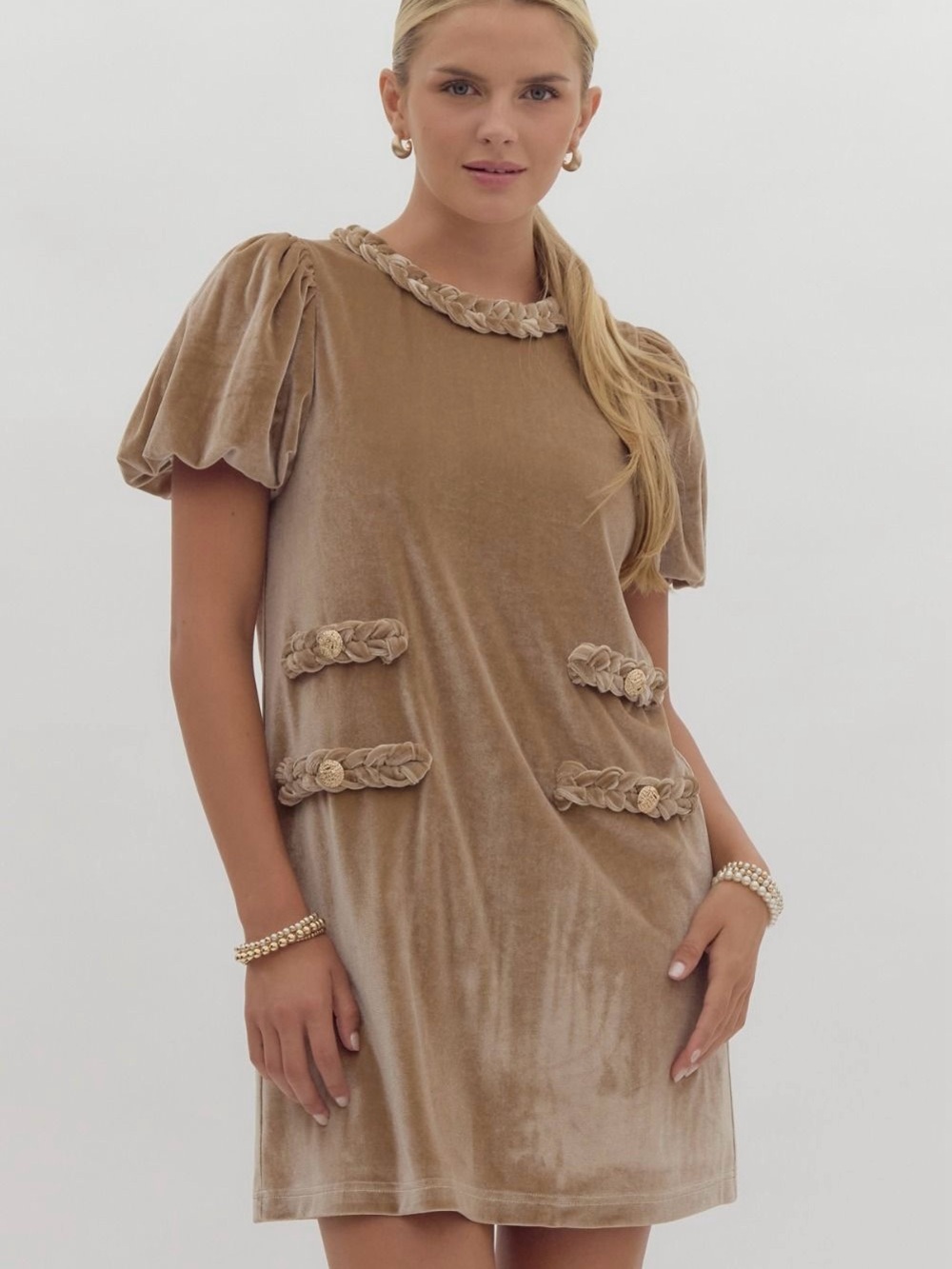 Champagne Velvet Puff Sleeve Mini Dress Braided Detail Size Small